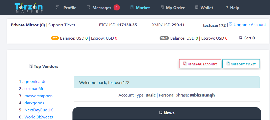 Torzon Market interface showcasing various product categories and security features